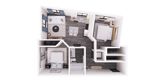 a stylized floor plan with a bedroom and a living room